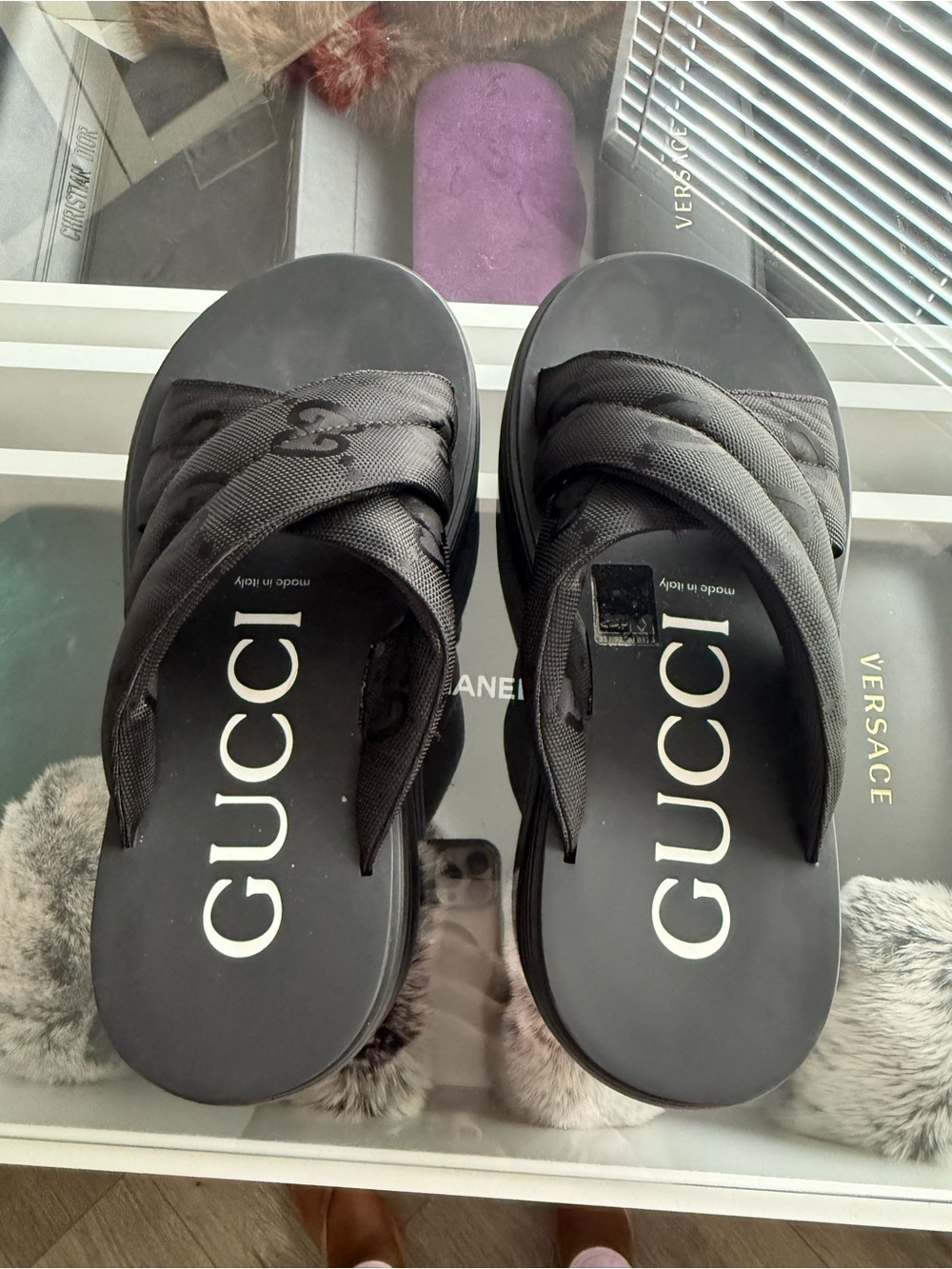 Gucci Black Crisscross Logo Slide Sandals